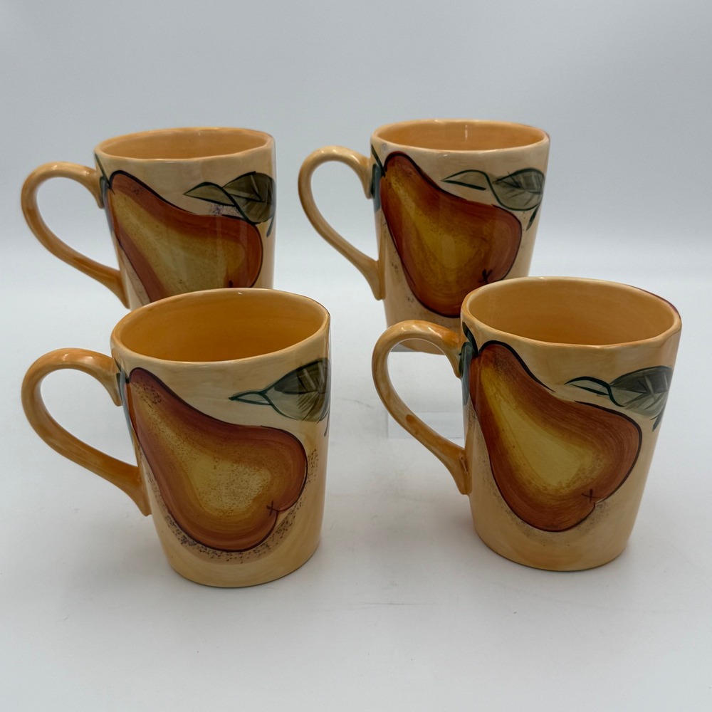 Home Trends Fruit Ceramic Coffee Mugs Set of 4 Pear Apple Grape Tan Multi-Color